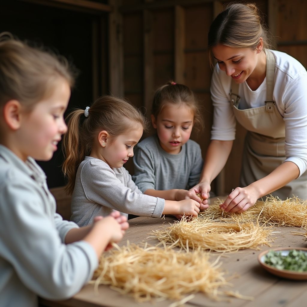 Workshop výroby produktů ze sena a slámy pro děti na farmě