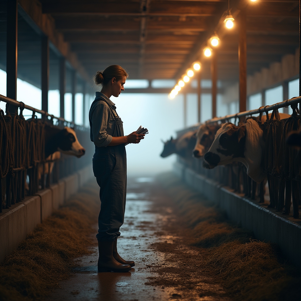 Farmář kontroluje ráno hospodářská zvířata před příchodem návštěvníků