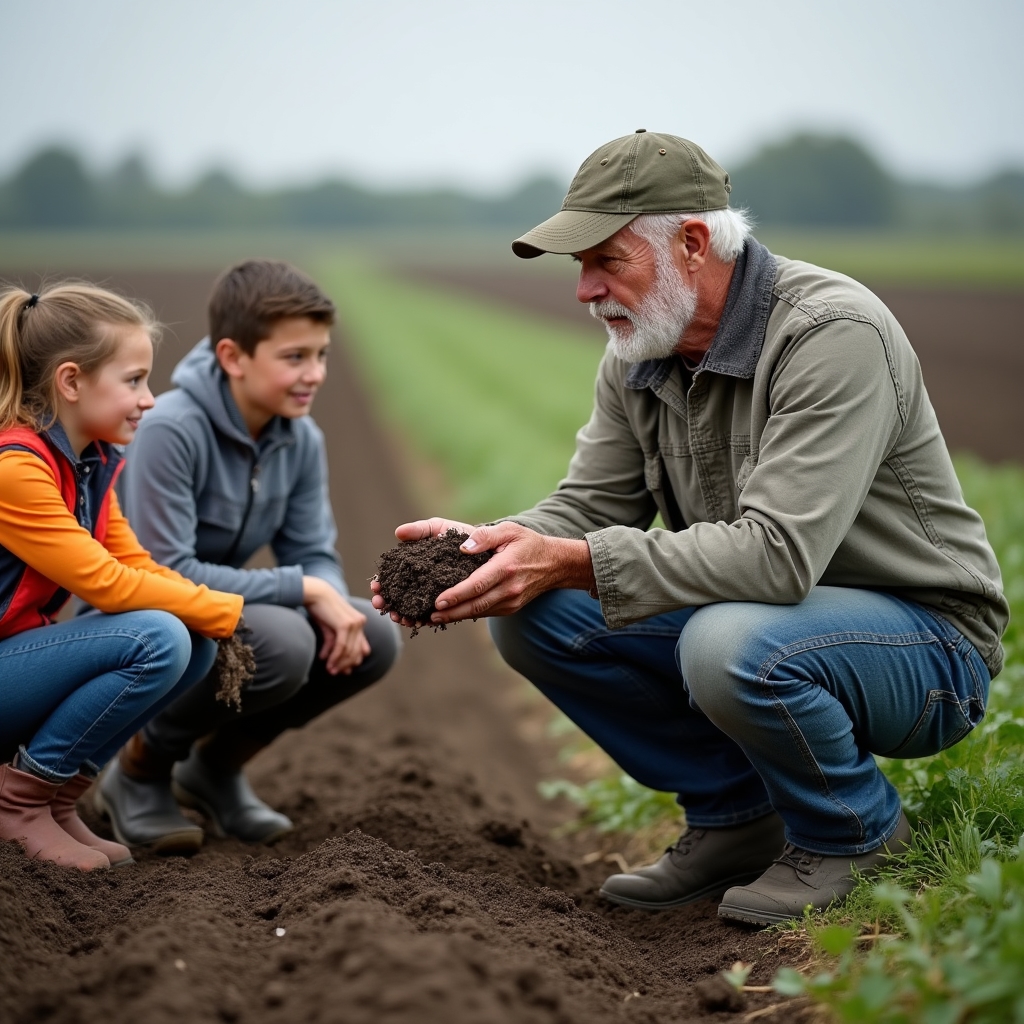 Farmář ukazuje žákům vzorek půdy a vysvětluje jeho složení